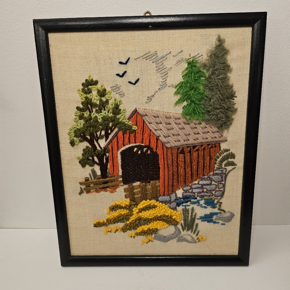 Vintage framed embroidery crewel wall hanging art Stoney Creek Bridge